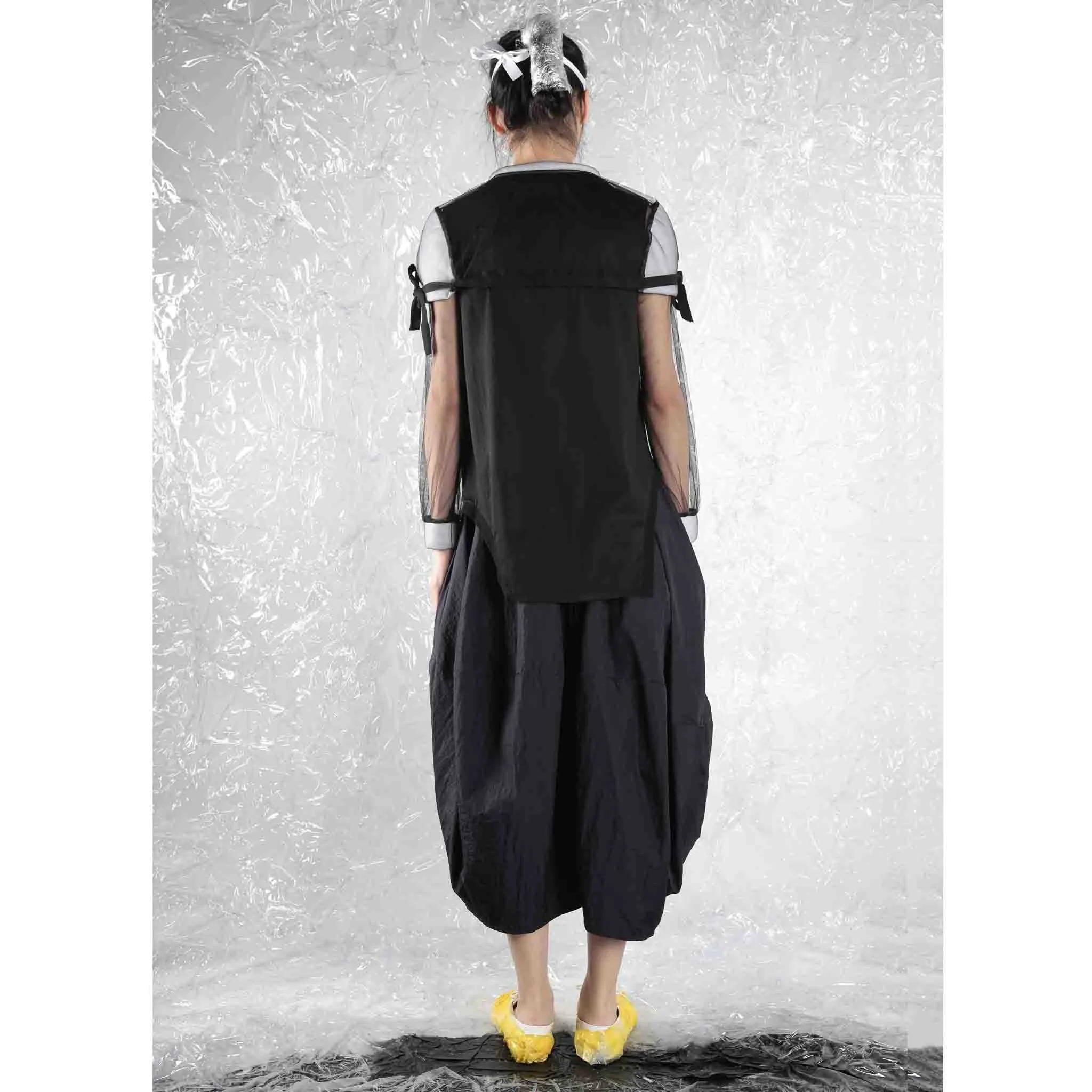 Mesh-sleeved Top with Padded Cape