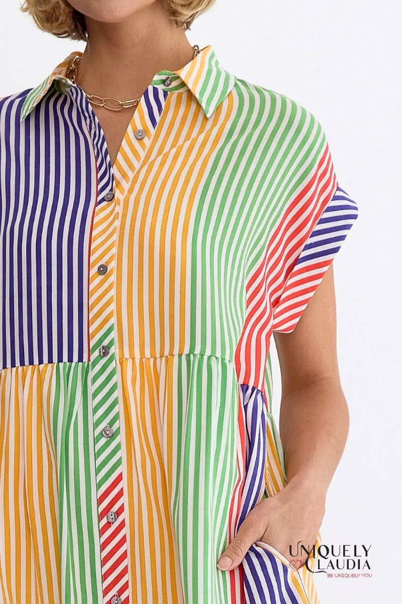 Nikki Multi-Color Stripes Shirt Mini Dress
