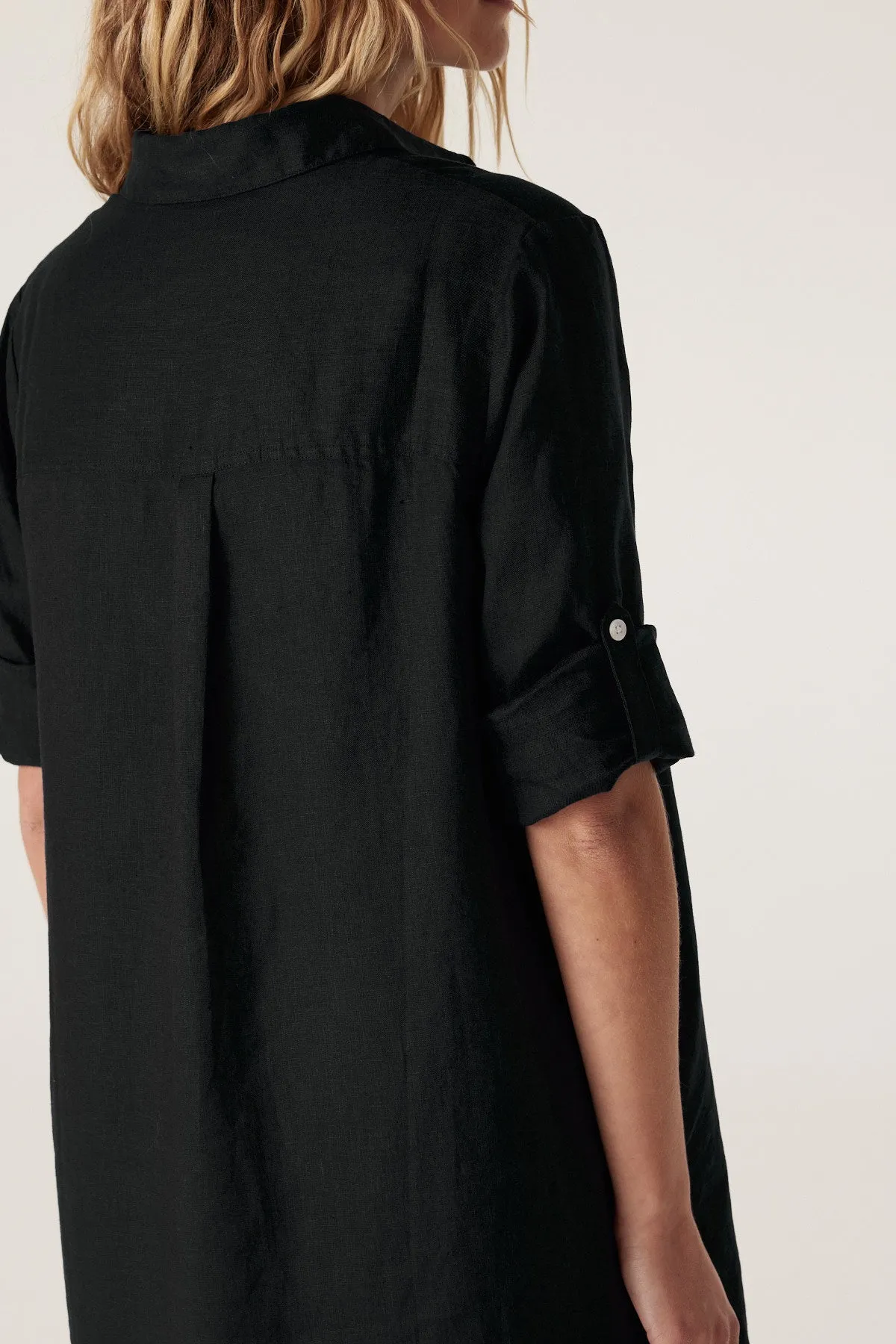 Pure Linen Shirt Dress  - Black