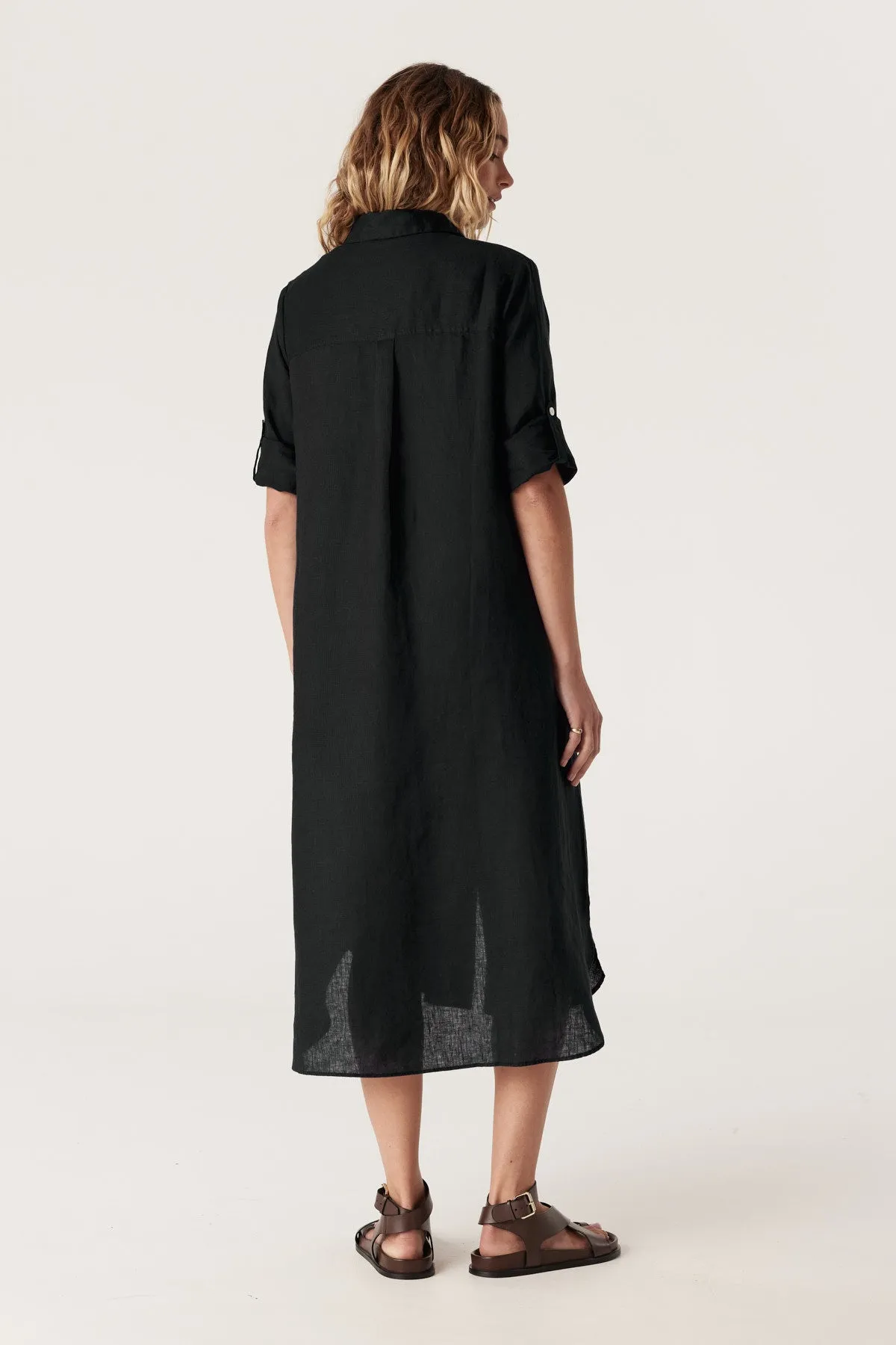 Pure Linen Shirt Dress  - Black