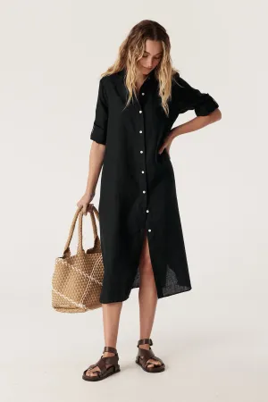 Pure Linen Shirt Dress  - Black