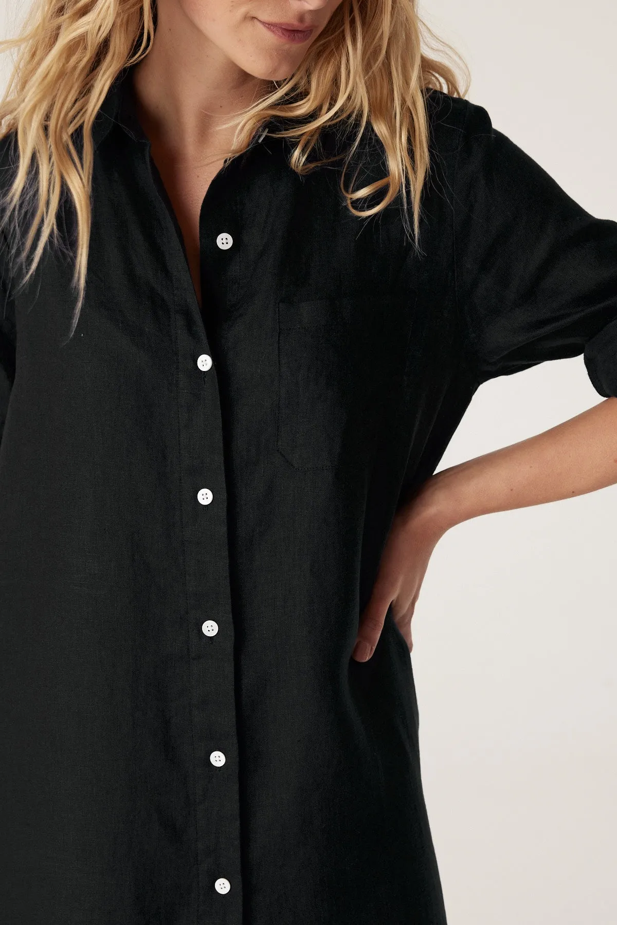 Pure Linen Shirt Dress  - Black