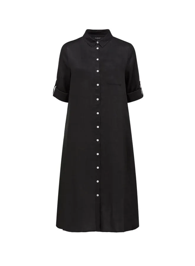 Pure Linen Shirt Dress  - Black