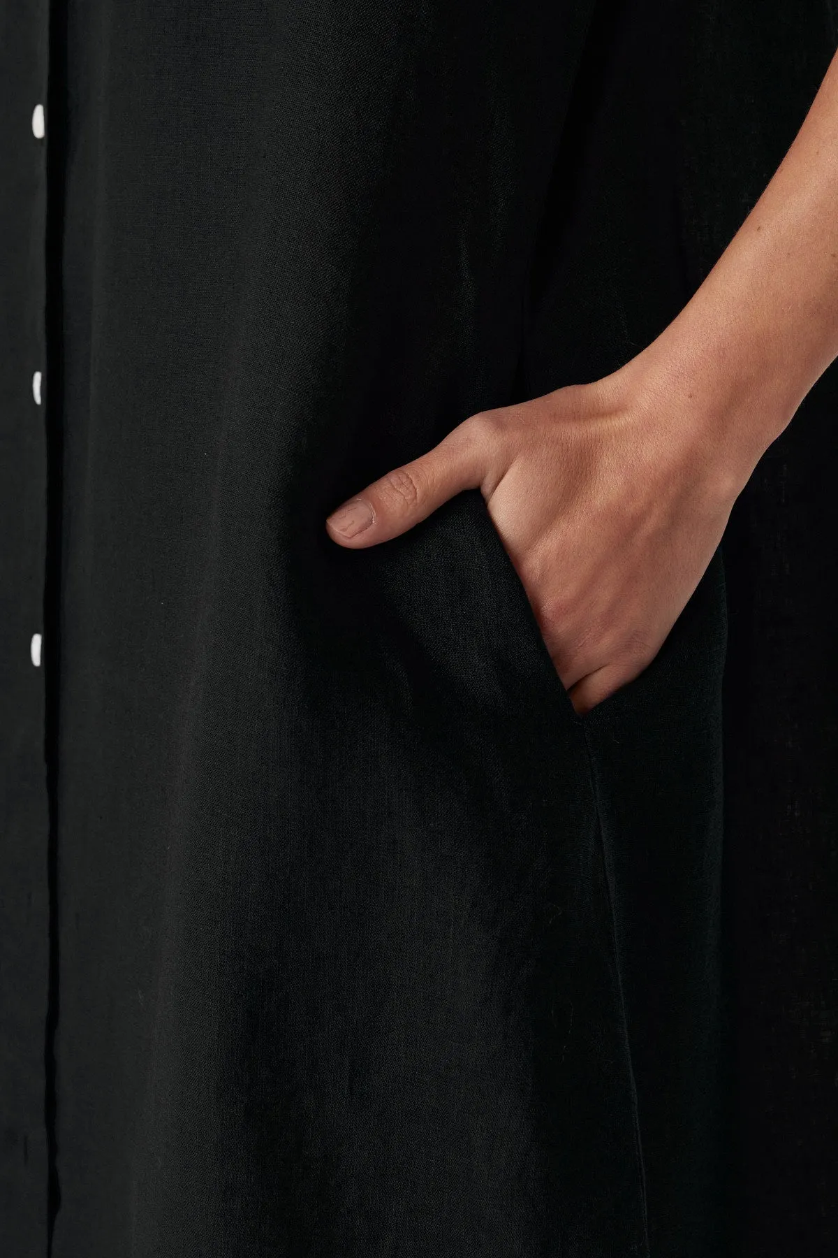Pure Linen Shirt Dress  - Black