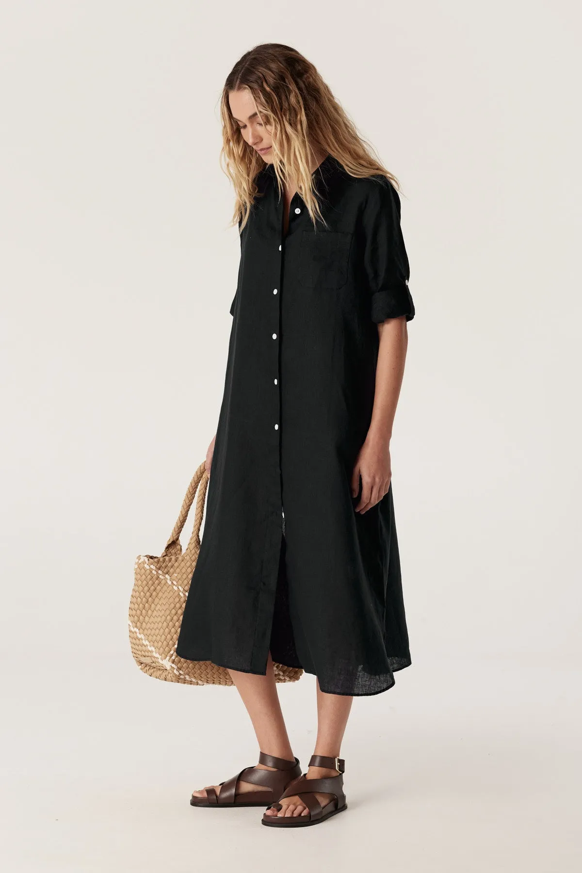 Pure Linen Shirt Dress  - Black