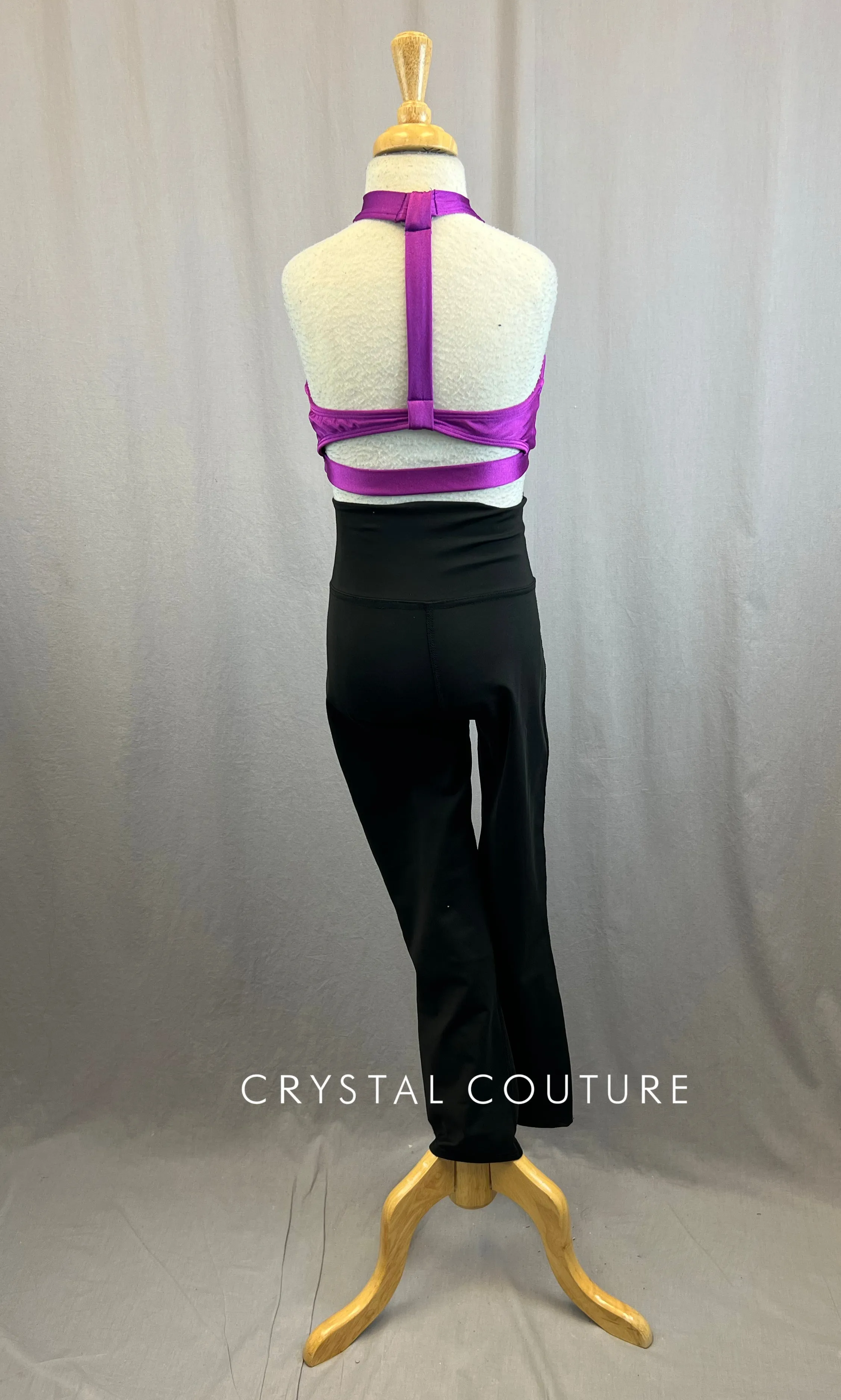 Purple Halter Top With Rhinestones and Black Criss Cross Front Jazz Pants