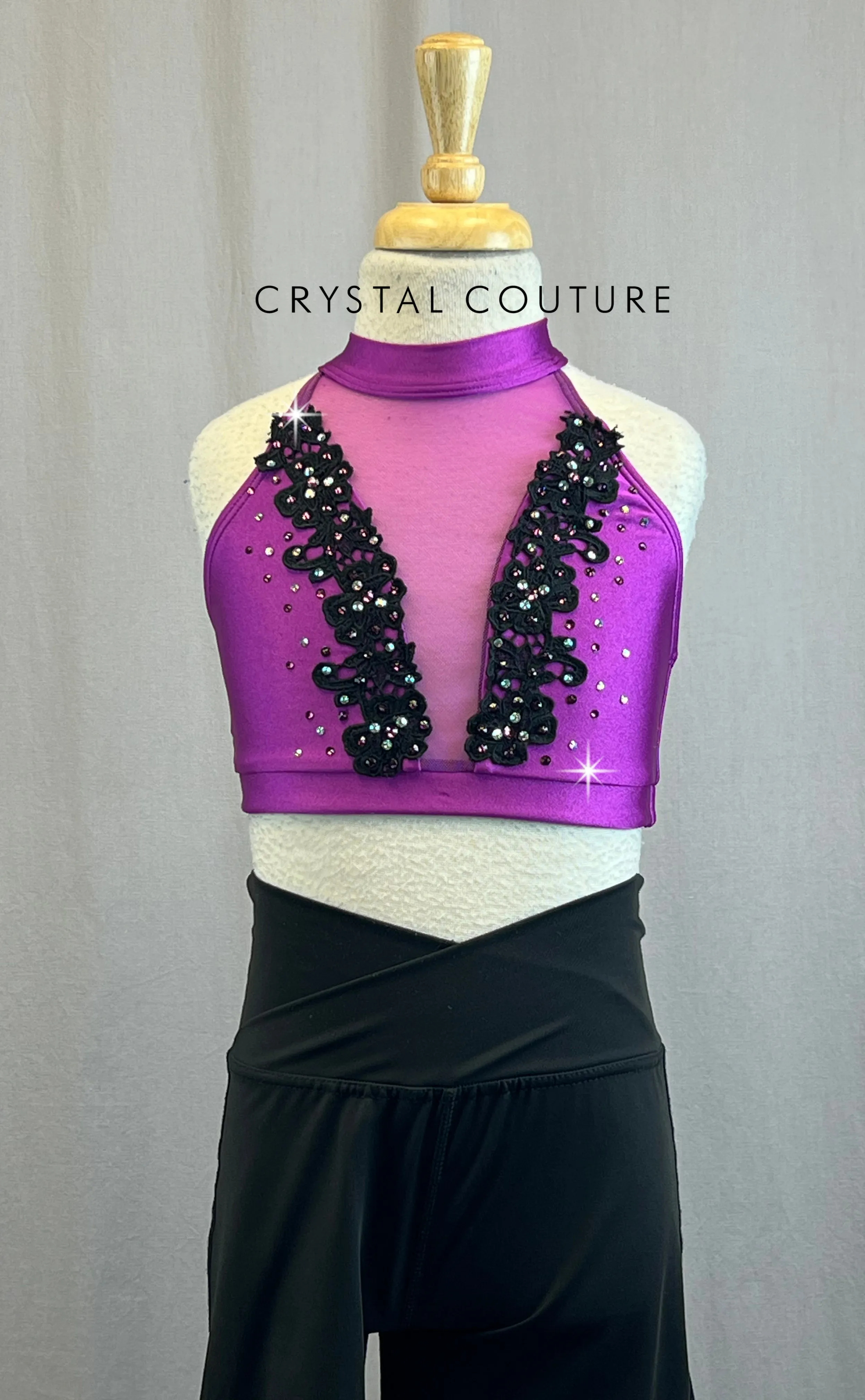 Purple Halter Top With Rhinestones and Black Criss Cross Front Jazz Pants
