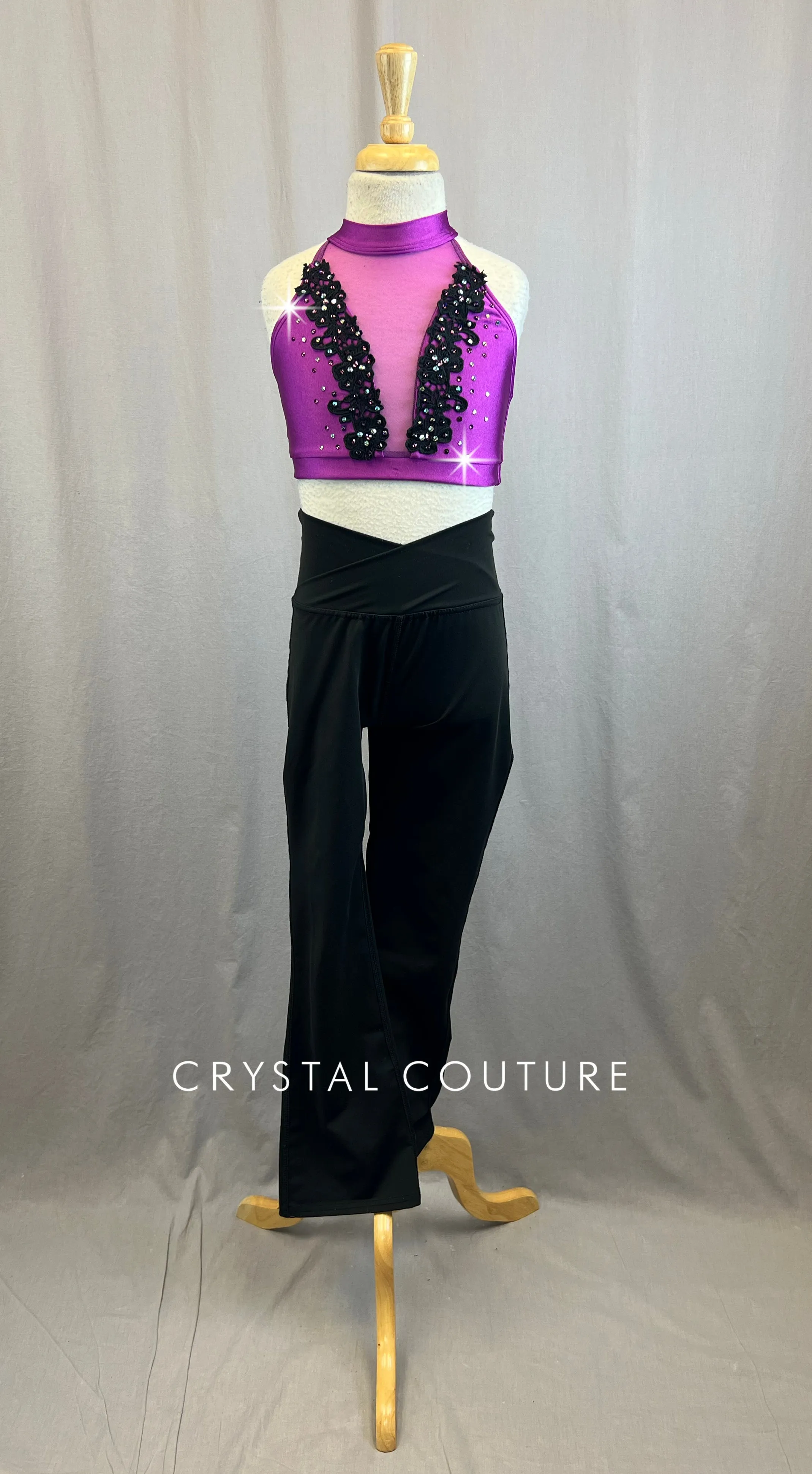 Purple Halter Top With Rhinestones and Black Criss Cross Front Jazz Pants
