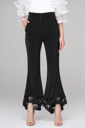 Rania Fawaz - Black Flare Tasseled Hem Trousers