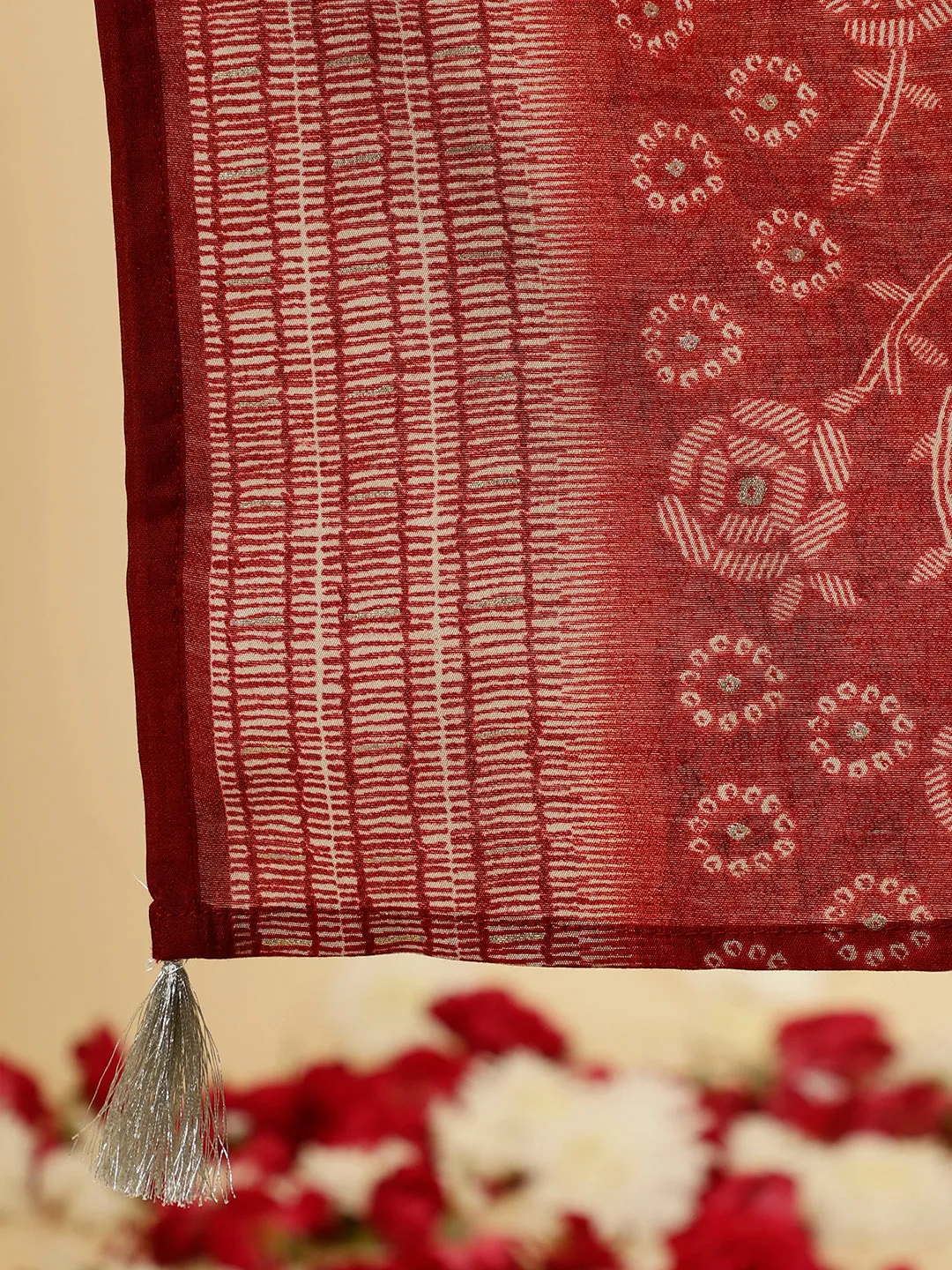 Red Bandhani Flared Print Kurta With Pants And Dupatta
