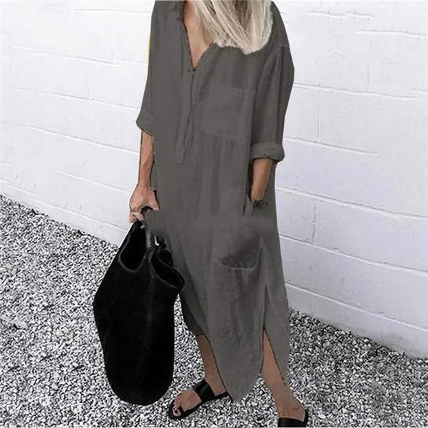 Side Split Long Sleeve Cotton Linen Shirt Dress