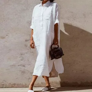 Side Split Long Sleeve Cotton Linen Shirt Dress