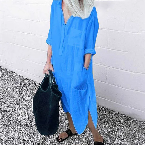 Side Split Long Sleeve Cotton Linen Shirt Dress