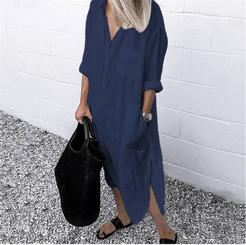 Side Split Long Sleeve Cotton Linen Shirt Dress