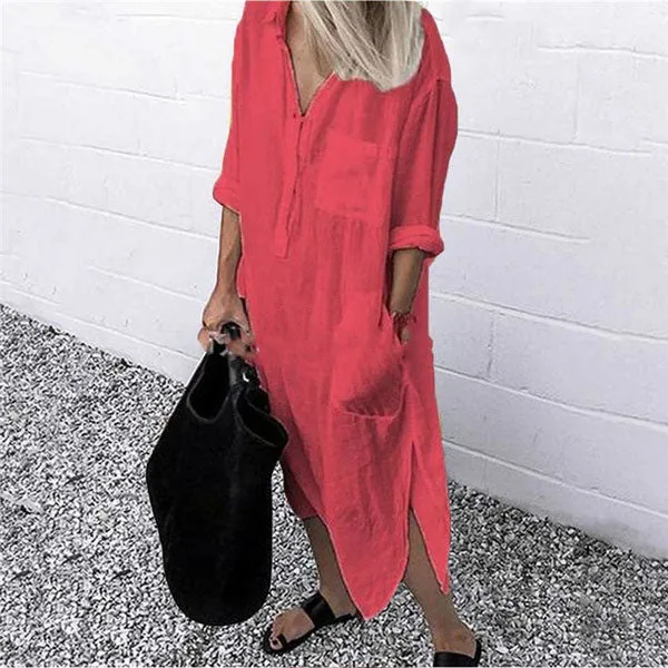 Side Split Long Sleeve Cotton Linen Shirt Dress