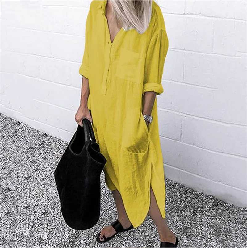 Side Split Long Sleeve Cotton Linen Shirt Dress