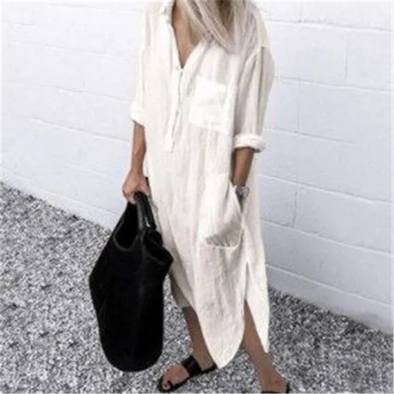 Side Split Long Sleeve Cotton Linen Shirt Dress