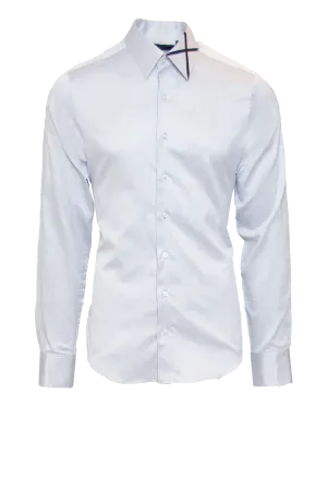 SILVER SHEEN FITTED COTTON DRESS SHIRT W/ NAVY SATIN X ICON