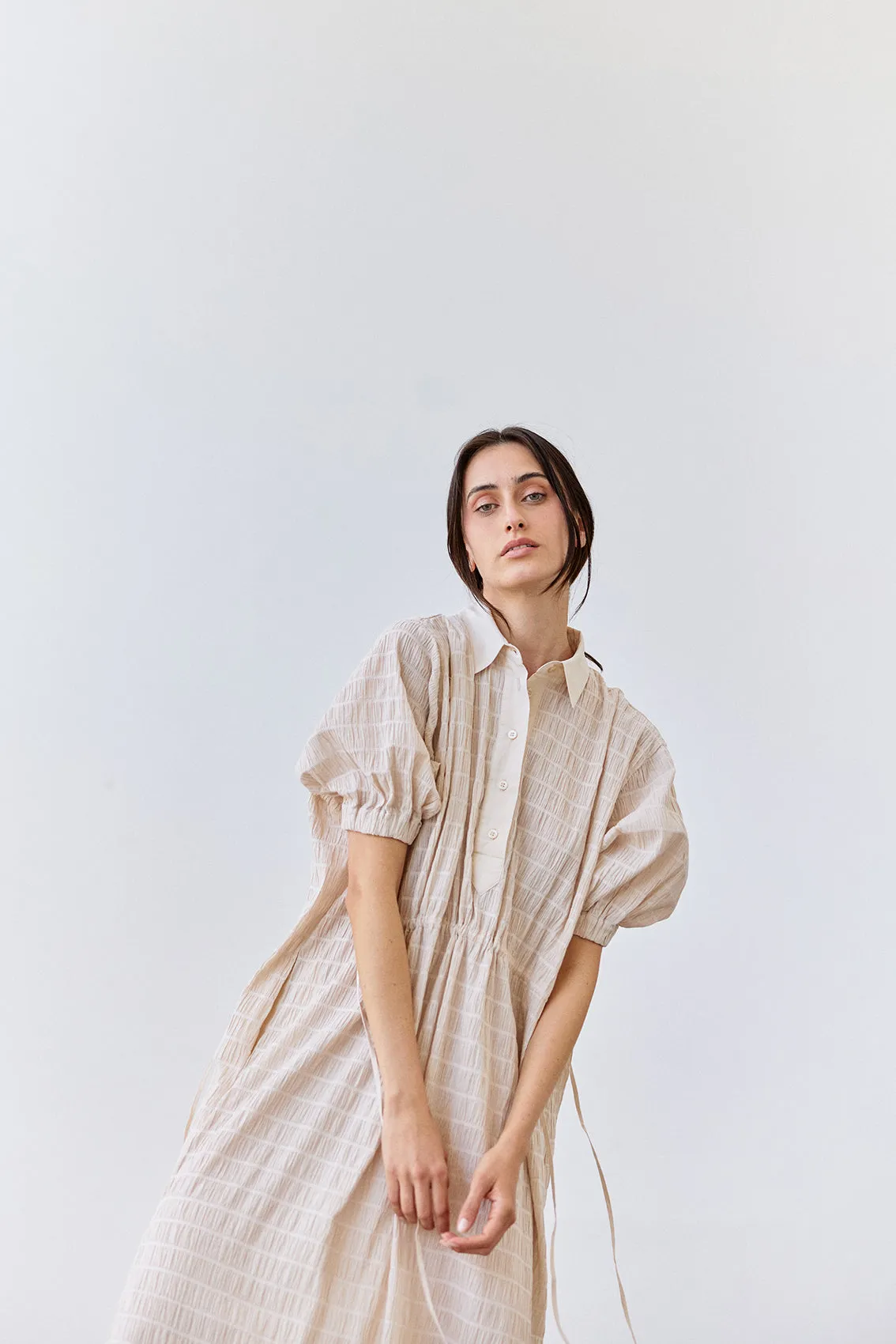 Smocked Cotton Shirt Dress - Crudo