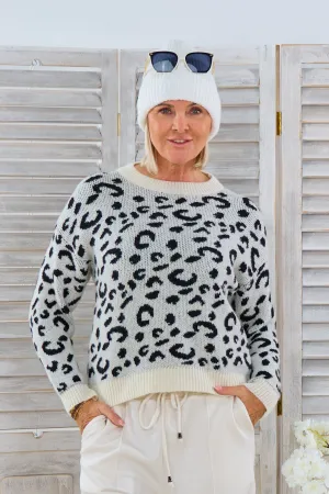 Strickpulli im Leo Design, creme-schwarz