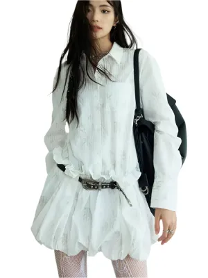 TEEK - White Pattern Belted Ruffles Shirt Dress