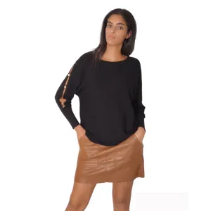 Women Blouse Arm Sided Buttons - Black