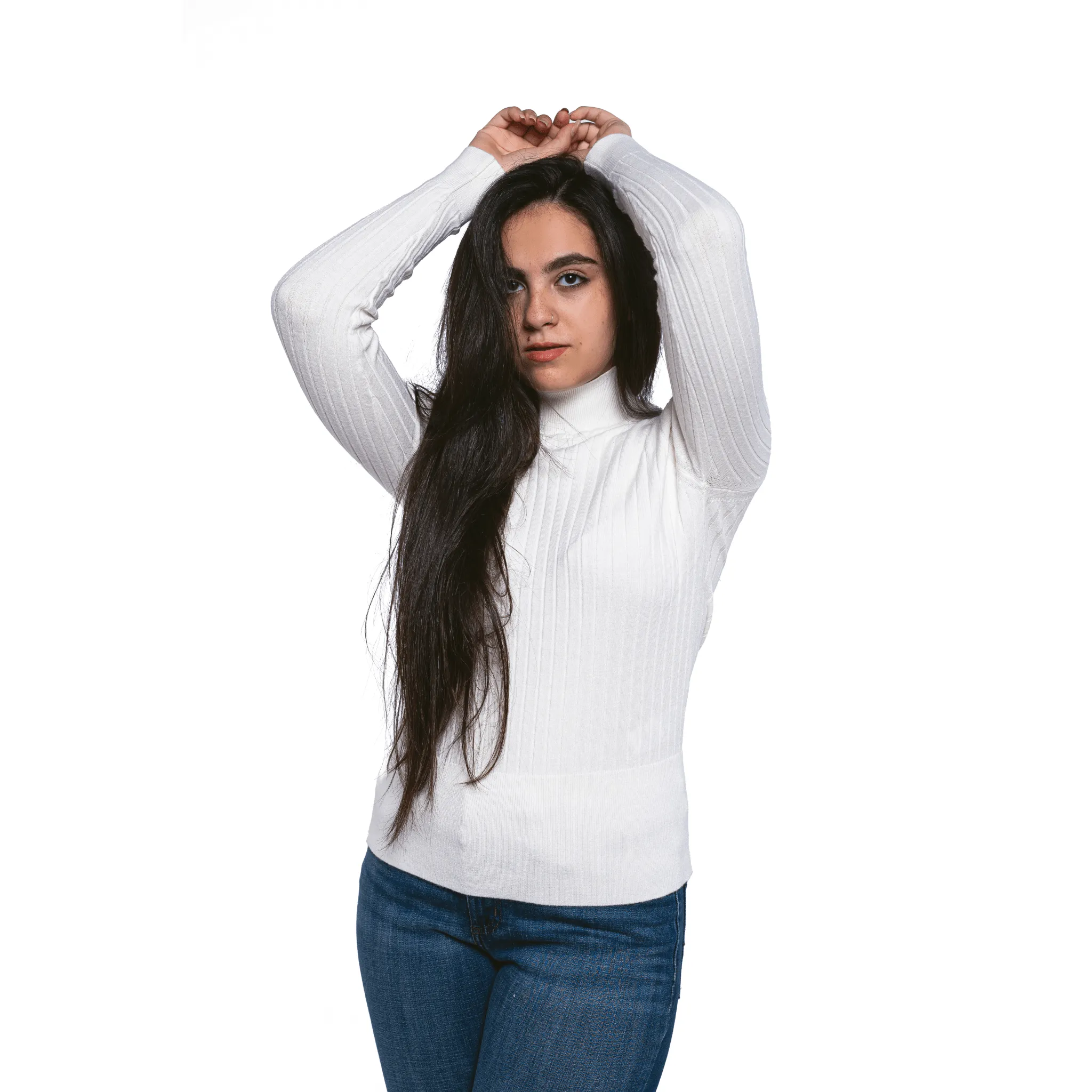 Women High Collar Pullover - White