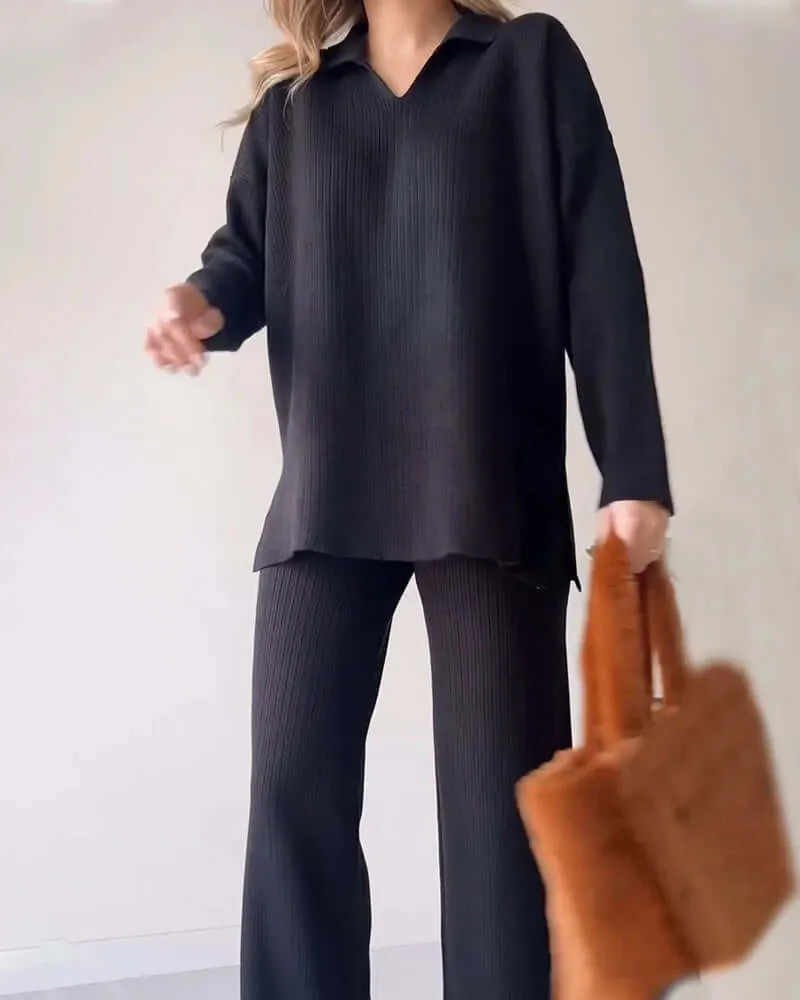 Women's Cozy Knit Loungewear Set: V-Neck Sweater & Flared Pants