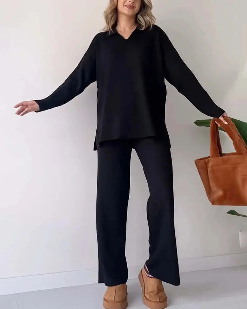 Women's Cozy Knit Loungewear Set: V-Neck Sweater & Flared Pants