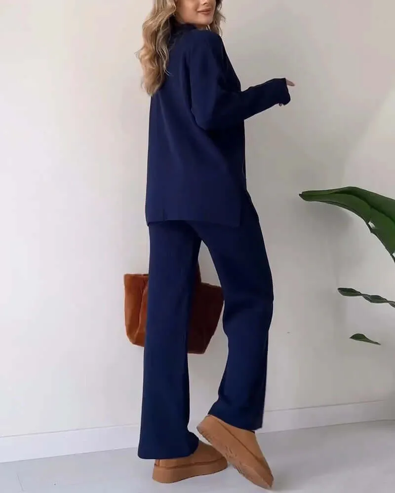 Women's Cozy Knit Loungewear Set: V-Neck Sweater & Flared Pants