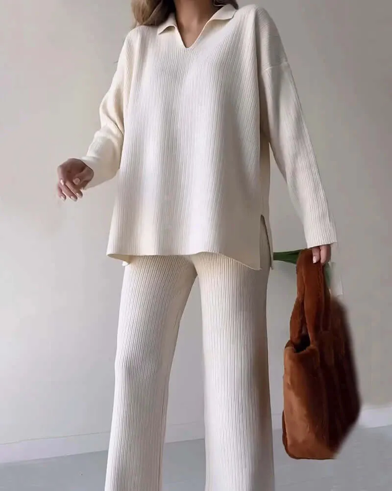 Women's Cozy Knit Loungewear Set: V-Neck Sweater & Flared Pants