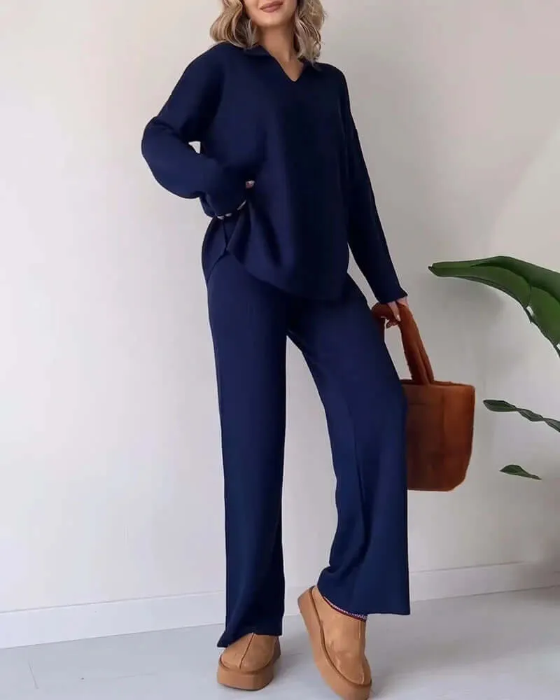 Women's Cozy Knit Loungewear Set: V-Neck Sweater & Flared Pants
