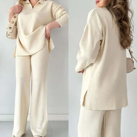 Women's Cozy Knit Loungewear Set: V-Neck Sweater & Flared Pants
