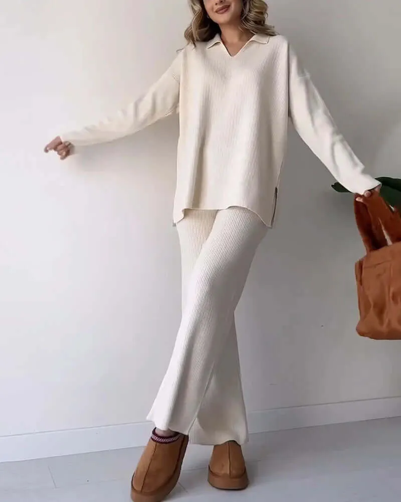 Women's Cozy Knit Loungewear Set: V-Neck Sweater & Flared Pants