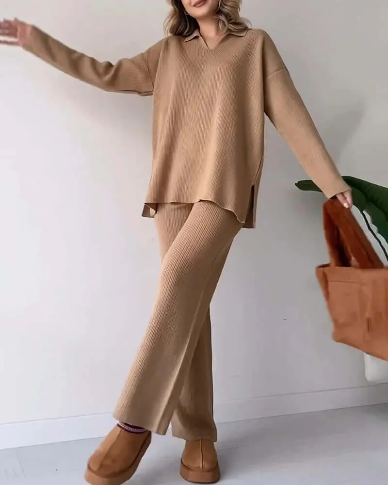 Women's Cozy Knit Loungewear Set: V-Neck Sweater & Flared Pants