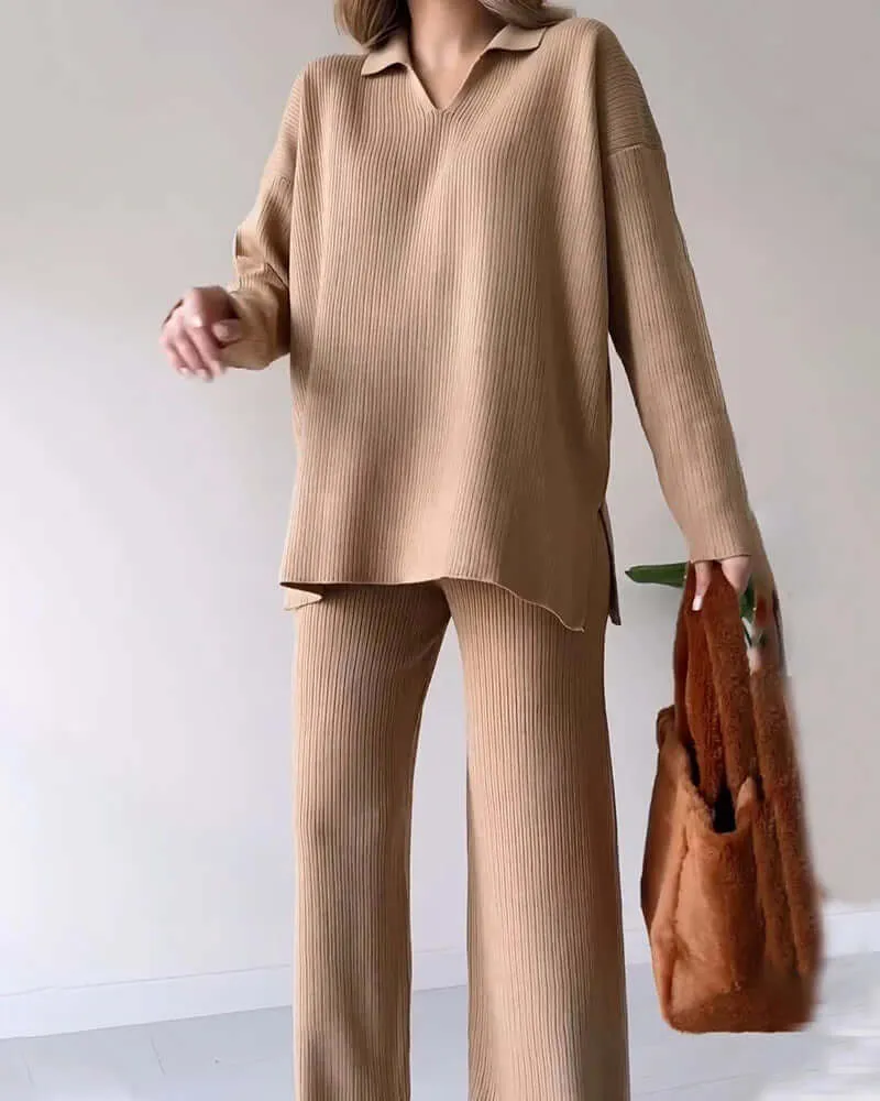 Women's Cozy Knit Loungewear Set: V-Neck Sweater & Flared Pants