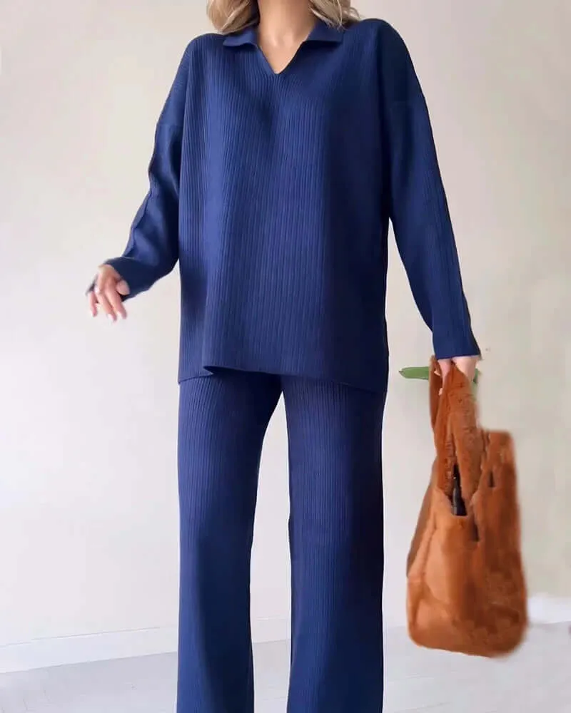 Women's Cozy Knit Loungewear Set: V-Neck Sweater & Flared Pants